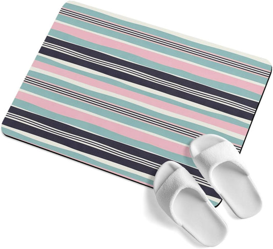 Bath Mat Absorbent Bathroom Rug,Pink Blue Black Stripes Non Slip Quick Dry Bath Rugs Diatomite Stone Shower Mat,Watercolor Lines Washable Doormat Kitchen Mats