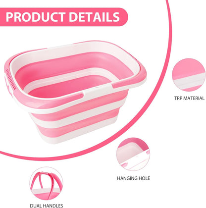 Collapsible Mop Bucket 4.2 Gallon(16L), Space-Saving Foldable Cleaning Bucket with Handle & Hanging Hole for Home, Swimming Pool, Camping, Car Wash & Outdoor (Pink White)