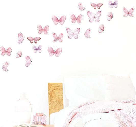 6 Sheets 36 Pcs Pink Butterfly Wall Stickers, sacinora DIY Watercolor Art Wall Decals Removable Vinyl Peel and Stick for Kids Baby Nursery Living Room Bedroom Playroom Sofa TV Background Decorations