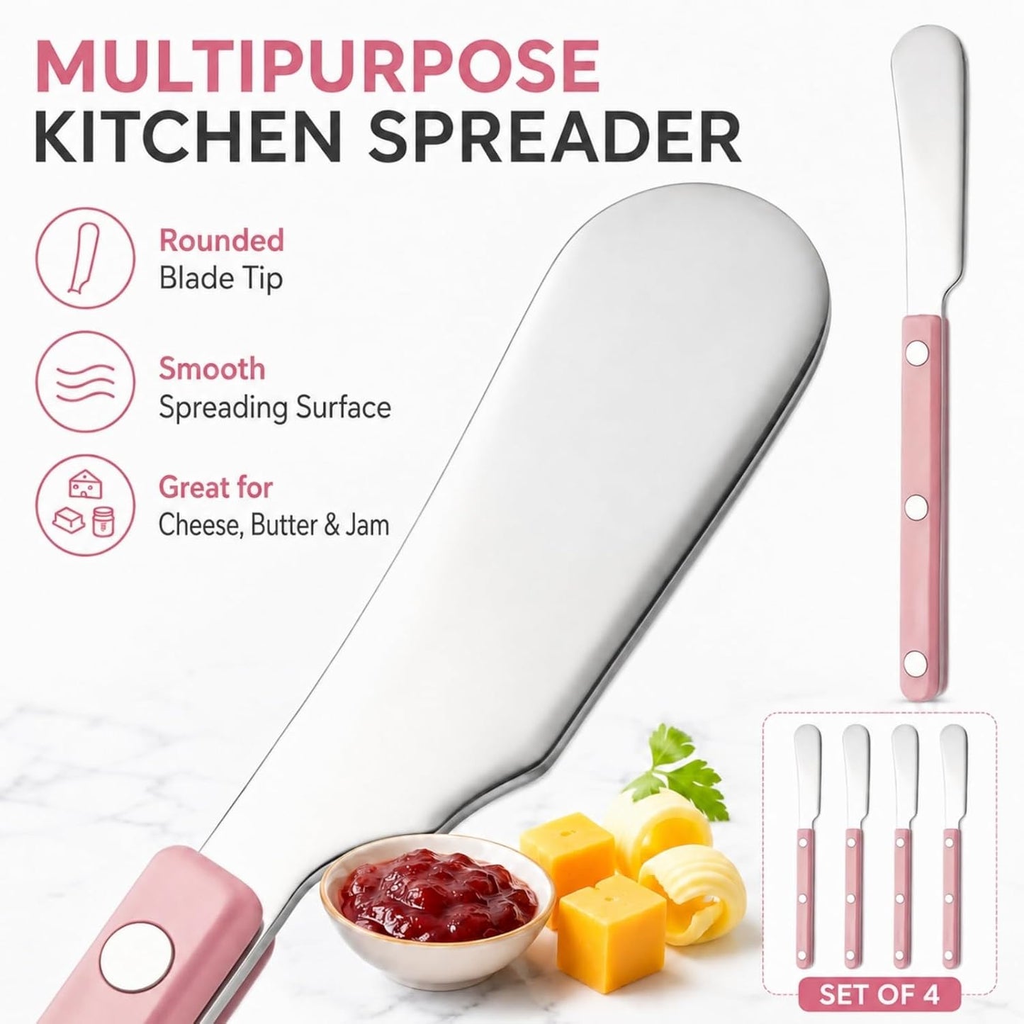 4PCS Stainless Steel Butter Knives Set: 6.3 Inch Cheese Spreader 304 Stainless Steel with Ergonomic Handle for Cheese, Butter & Jam (pink)