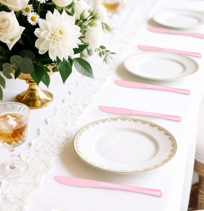 SietDESEO 25 PCS Light Pink Plastic Knives Disposable Utensils Heavy Duty Baby Pink Knives Disposable Cutlery for Birthday Wedding Baby Shower Bridal Shower Plastic Silverware