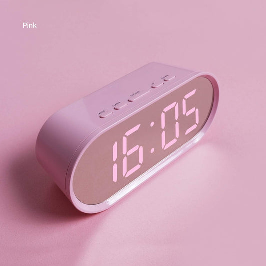 mooas Pop Mirror Digital Alarm Clock, LED Desk Pink Clock with Nightlight, Snooze, Temperature, Battery Operated Small Size Cute Mini Clock for Kids Girls Bedroom Livingroom Office (Pink)