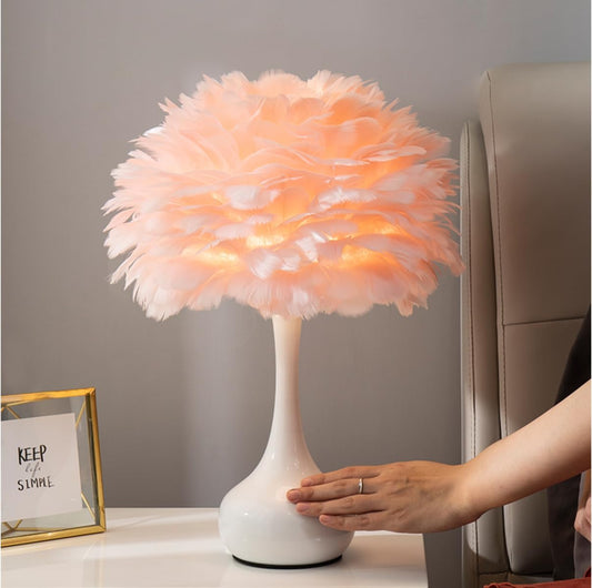 Elegant White Feather Table Lamp Bedside Lamp with Touch Switch Feather Table Light Desk Feather Lampshade for Bedroom, Home Decoration, Pink