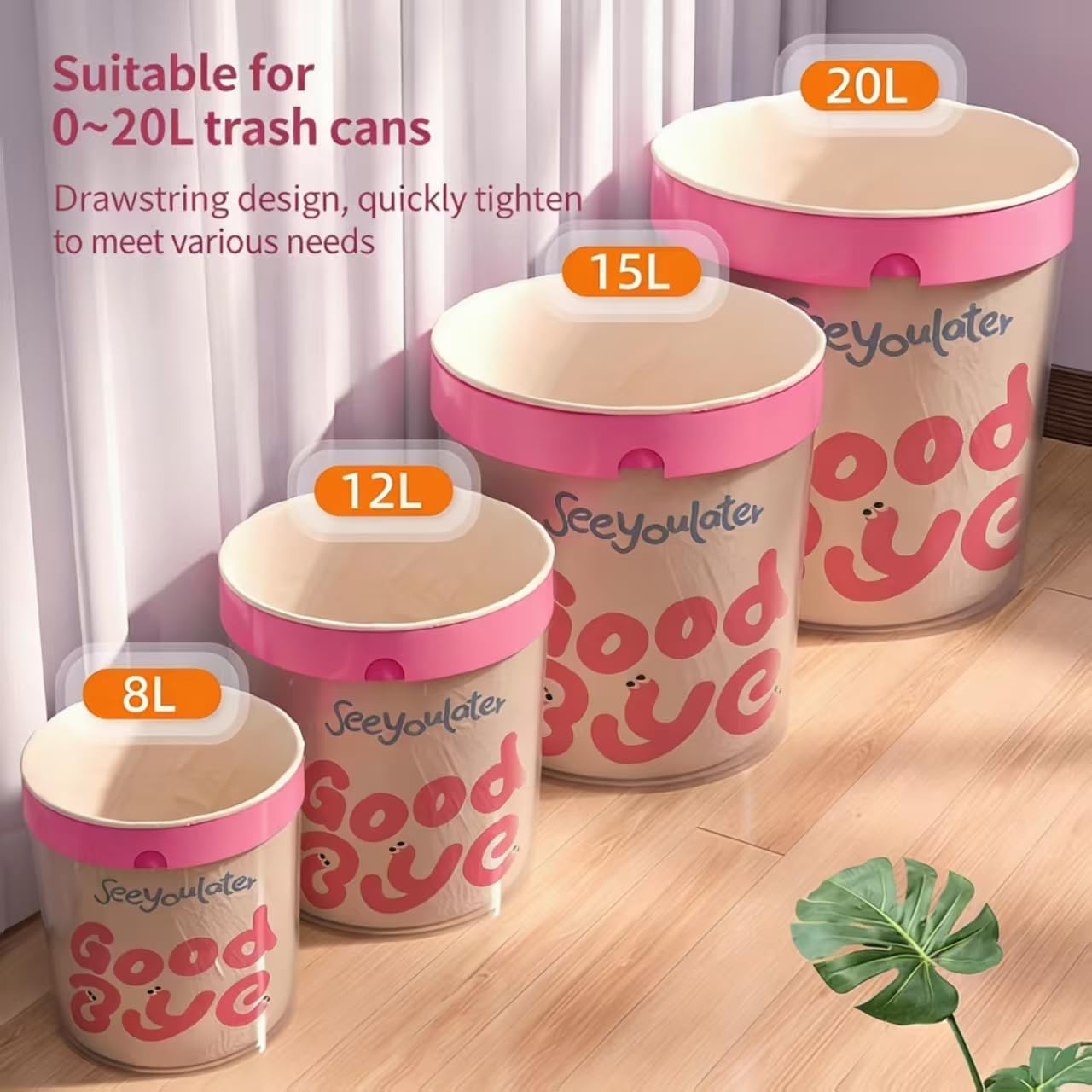 SeeYouLater 4 Gallon Trash Bags 150pcs Drawstring Tearing-Free for Bathroom Office Home Bedroom Trash Can with Pink Blue Alphabet Garbage Basket Bags