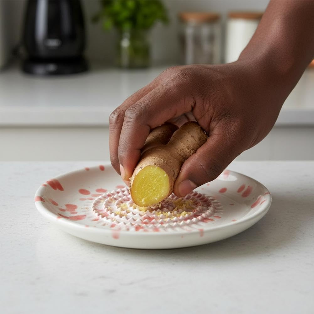 Premium Ceramic Garlic Grater Plate，Multifunctional Grater Plate For Fruit and Vegetable Puree,Hand-Painted Splatter Pattern- For Cheese Garlic, Ginger, Chocolate (PINK, 4.7In)