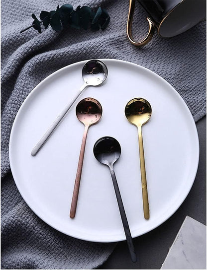Serving Spoons Creative Metal Coffee Spoon Stainless Steel Dessert Small Round Golden Stirring Family Use Soup 4 Pieces(Pink)