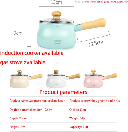 1.2L beige small milk pot with lid cute wooden handle household non-stick pan hot milk baby baby food supplement pot noodle soup pot(size: 5.1 inches long x 3.5 inches high)