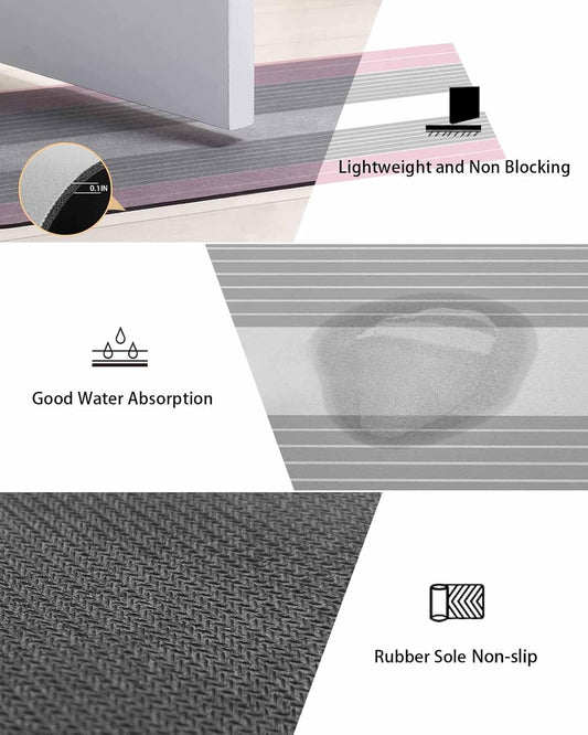 Pink Striped Bath Mat for Tub,Multicolor Grey White Horizontal Stripes Non Slip Bathroom Floor Runner Rug Quick Dry & Absorbent Diatomaceous Earth Shower Sink Bedroom Kitchen Doormat 16"x24"