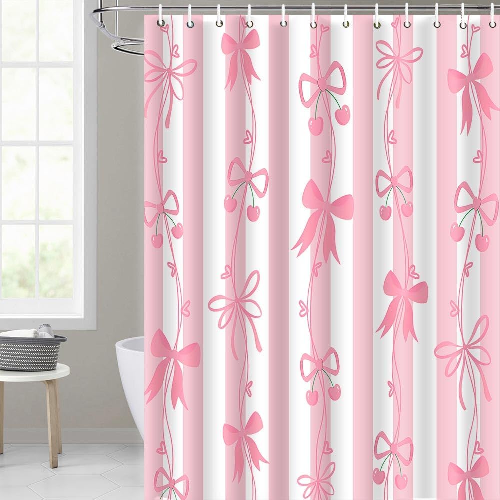 Cute Bowknot Bows Shower Curtain Cartoon Beautiful Pink Bow Shower Curtains Set,Modern Aesthetics Girl Bathroom Decor for Hotel Restroom 72x72 Inches YLDWMN2