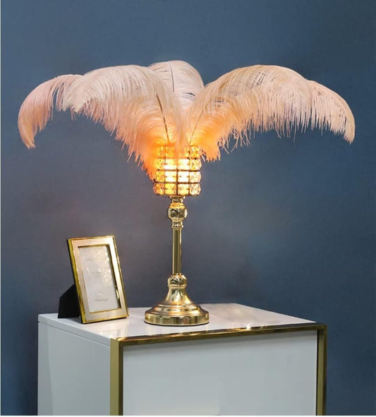 Feather Table Lamp Crystal Bedside Lamp with Pink Feather, String Lights Night Lights Decorative Lighting for Living Room Bedroom Home Decoration