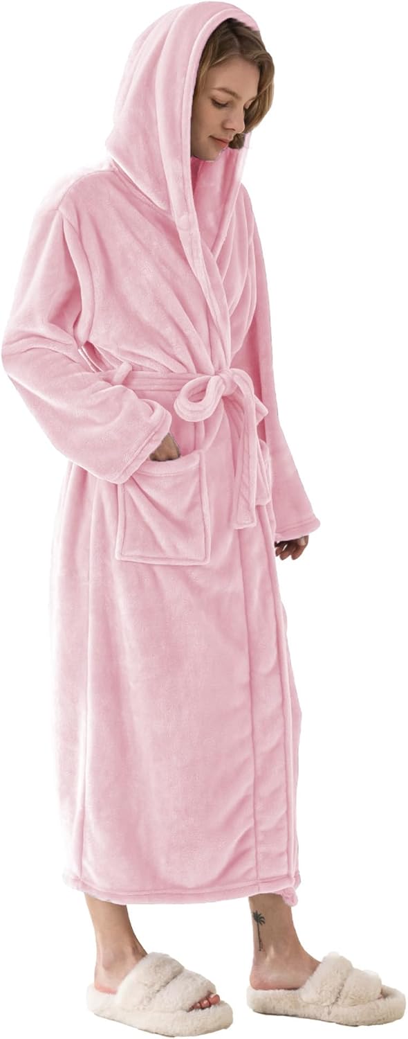 Robes for Women - Hooded Plush Fleece Bathrobe with Sash & Pockets, Full-Length Lightweight Spa Robe