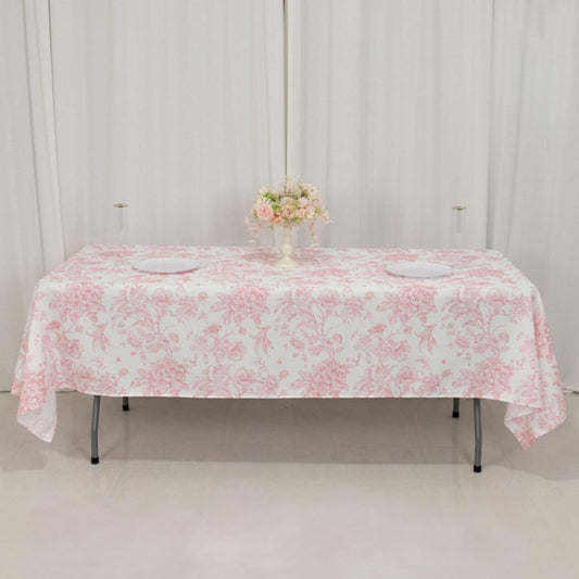 60x102 inch Tablecloth White Pink French Toile Polyester Rectangular Vintage Pastoral Floral Rustic Table Cloth Washable Table Cover for Indoor&Outdoor, Farmhouse Decor, Picnic, Tabletop Decoration