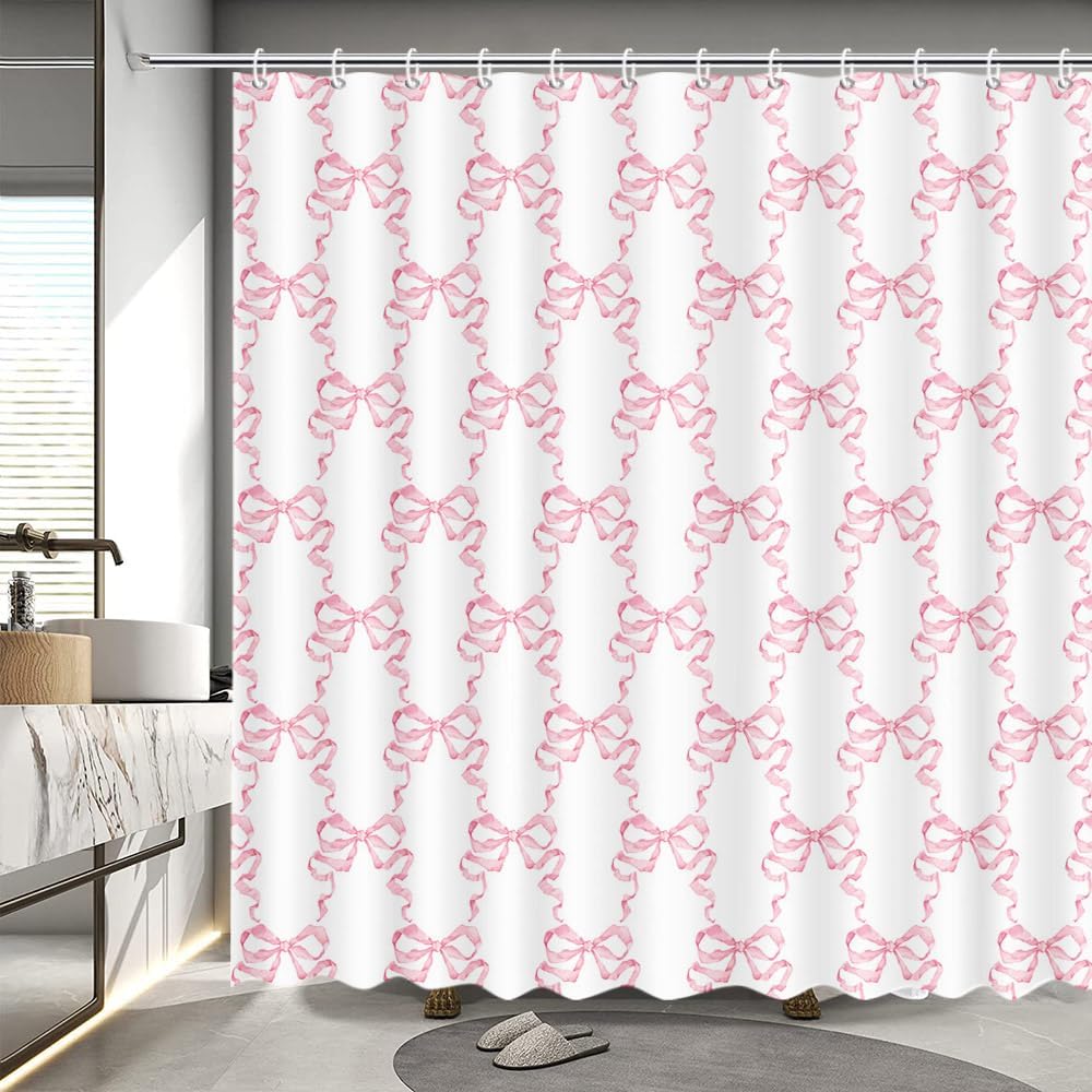 MEHOFOND Bow Shower Curtain Coquette Pink Bow Bathroom Decor for Women Girls Cute Romantic Bow Shower Curtain Modern Art Aesthetic Bathtub Decor Fabric Waterproof Bath Curtain with 12 Hooks 72x72 Inch