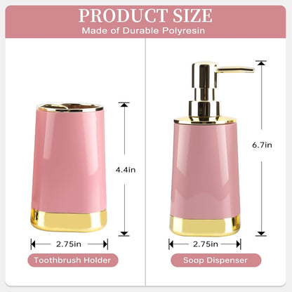 Bathroom Accessories Set, 2Piece Pink and Gold Bathroom Accessories Include Soap Dispenser and Toothbrush Holder for Modern Bathroom Decor