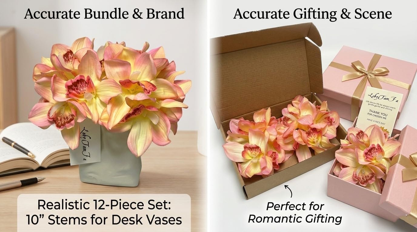 12 PCS High Quaulity Latex Real Touch Cymbidium Orchid Artificial Flower Bouquet for Wedding Holiday Bridal Bouquet Home Party Decor Bridesmaid (Pink)
