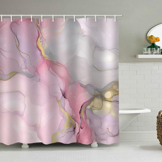Abstract Marble Shower Curtain, Jade Texture Gold Stripes Ombre Watercolor Paint, Modern Ink Art Decor Waterproof Fabric Shower Curtain for Bathroom Set with Hooks, 71x72 (Pink)