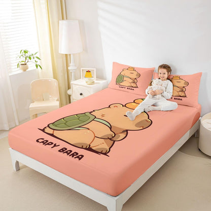 Manfei Cartoon Capybara Bed Sheet Turtle Shell Kawaii Bedding Sets (1 Fitted,1 Flat,2 Pillowcases) Lazy Cute Animal Luxury Deep Pocket Bed Sheets Kids Boys Girls Queen Peach Pink