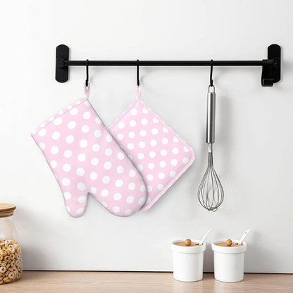 Light Pink Polka Dot Print A Oven Mitts and Pot Holders Sets with 1 Left Silicone Oven Mitts and 1 Heatproof Insulated Hot Pads for Kitchen Use in Baking Cooking Grilling