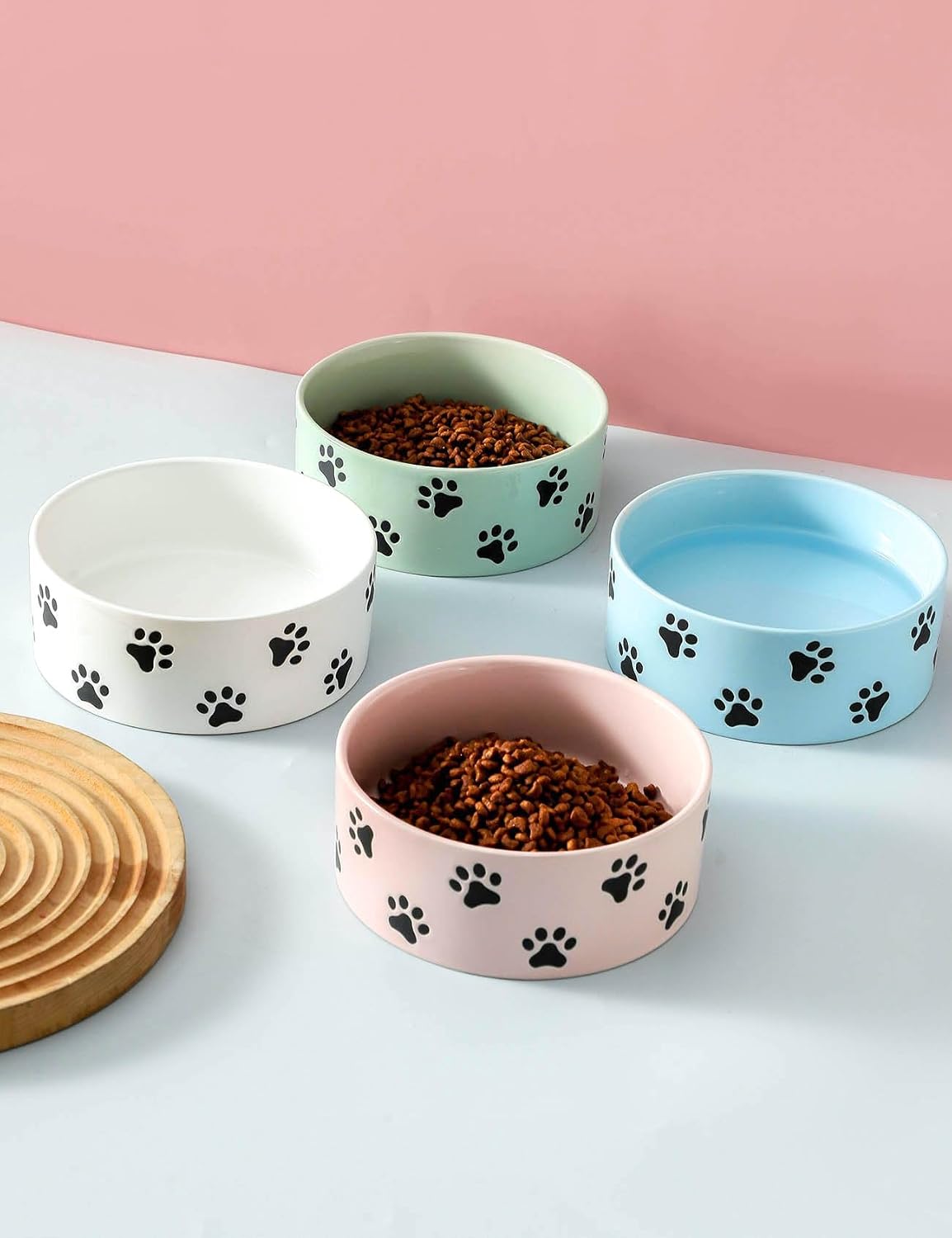 6.5 Inch Pastel Pink Ceramic Dog Bowl with Paw Print Pattern - Porcelain Wide Mouth Dog Food or Water Bowls, Large Feeding Pet Bowls for Indoor Medium Sized Dogs, for Wet or Dry Food