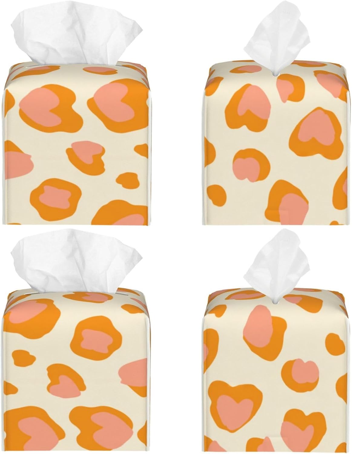 Peach Orange Spots Pink Leopard Pattern Tissue Box Cover Square Pu Leather Waterproof Tissue Box Holder for Car Bathroom Bedroom Office Tabletop Decor