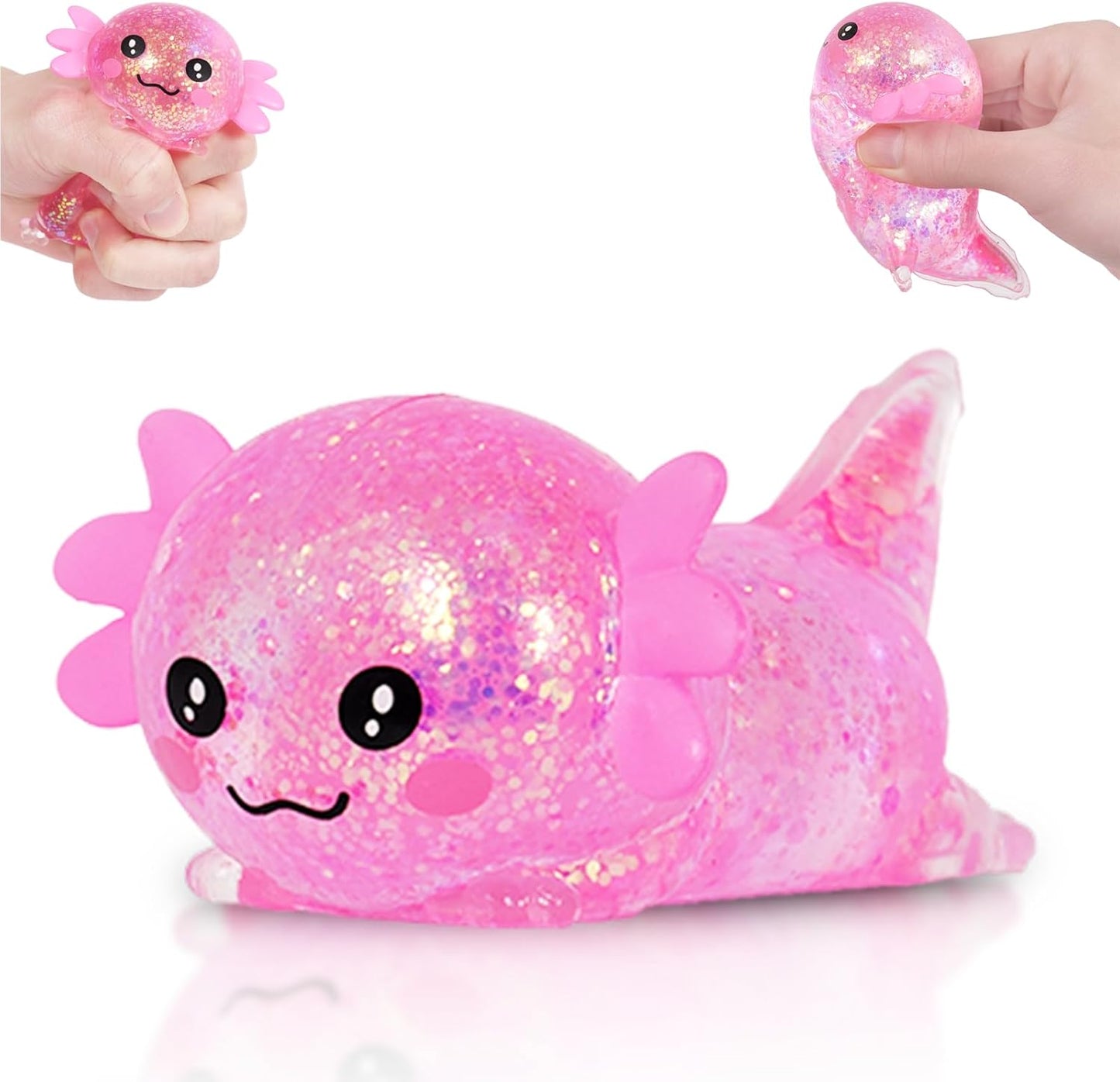 Lying Axolotl Squishy Toy - 1 Pcs Glitter Slow Rising Squeeze Toy, Maltose Filled TPR Stress Relief Fidget Toy, Cute Transparent Handheld Desk Pet Sensory Toy, Age 3+ (Pink)