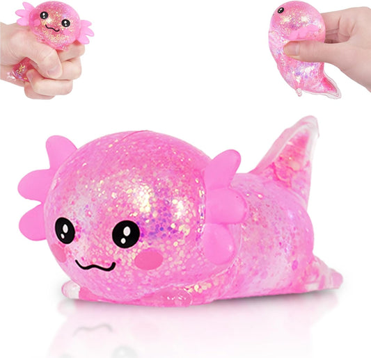 Lying Axolotl Squishy Toy - 1 Pcs Glitter Slow Rising Squeeze Toy, Maltose Filled TPR Stress Relief Fidget Toy, Cute Transparent Handheld Desk Pet Sensory Toy, Age 3+ (Pink)