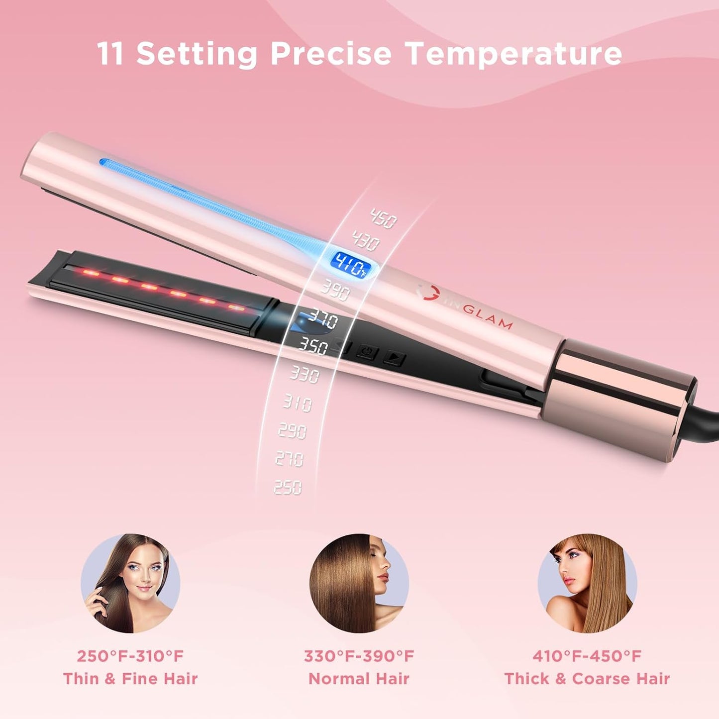 IG INGLAM Titanium Flat Iron Hair Straightener, Infrared Curling Iron 1 Inch,Negative Ionic Dual Voltage Straightener 11 Adjust Temp 250°F to 450°F, Anti-Frizz Shiny Hair,110-240V, Gift, Pink