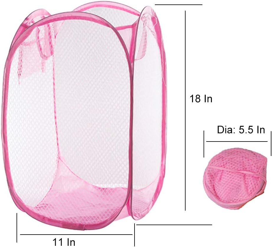 Qtopun Mesh Popup Laundry Hamper, Foldable 2 Pack Portable Dirty Clothes Basket Collapsible Dirty Clothes Hamper for Bedroom, Kids Room, College Dormitory and Travel (Light Blue+Pink)