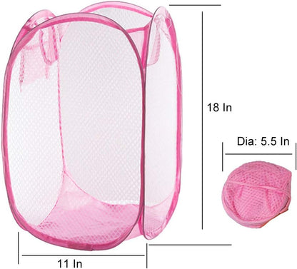 Qtopun Mesh Popup Laundry Hamper, Foldable 2 Pack Portable Dirty Clothes Basket Collapsible Dirty Clothes Hamper for Bedroom, Kids Room, College Dormitory and Travel (Light Blue+Pink)