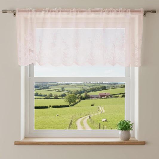 Lace Valances for Windows, Window Toppers Valances Short Curtain Vintage Pink Sheer Valance Over Sink for Kitchen Half Window Bathroom Decoration Rod Pocket 51x16 inches 1 Pane