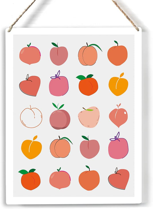 Colorful Fruit Peaches Wood Sign Peach Wooden Signs Rustic Hanging Plaque Home Wall Art "8 x 10", Perfect Sign Wall Decor for Home Bathroom Restroom Toilet