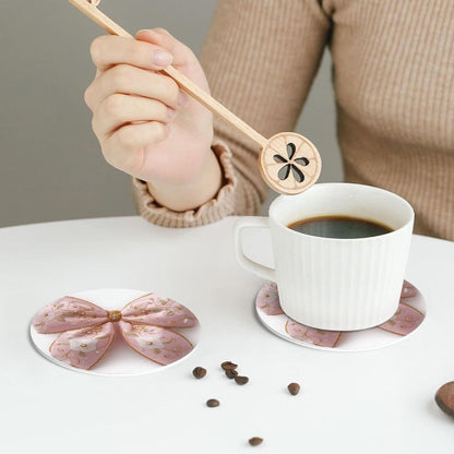 Light Pastel Pink Bow Balloon Embroidered Floral Drinks Coasters Set of 4 Leather Drink Coasters for Tabletop Protection Heat Resistant Bar Cup Mat Pad