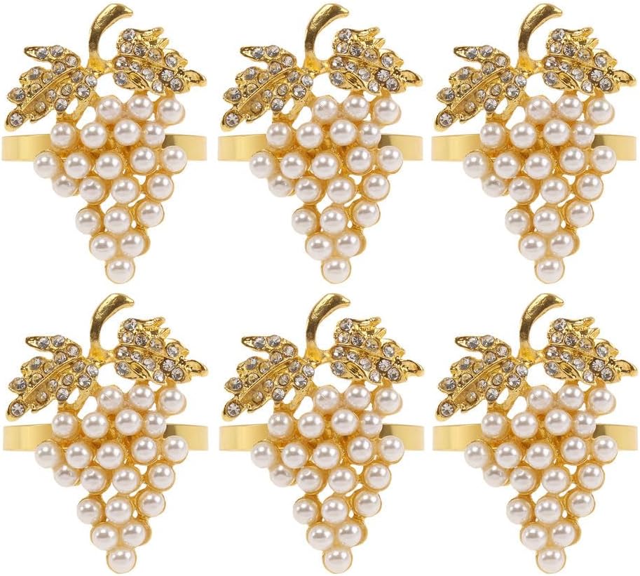 Set of 6 Grape Napkin Rings Imitation Pearl Gold Alloy Napkin Ring Holders for Dinning Table Decor (6, Gold)