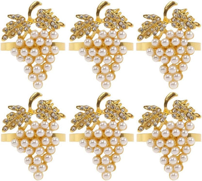 Set of 6 Grape Napkin Rings Imitation Pearl Gold Alloy Napkin Ring Holders for Dinning Table Decor (6, Gold)