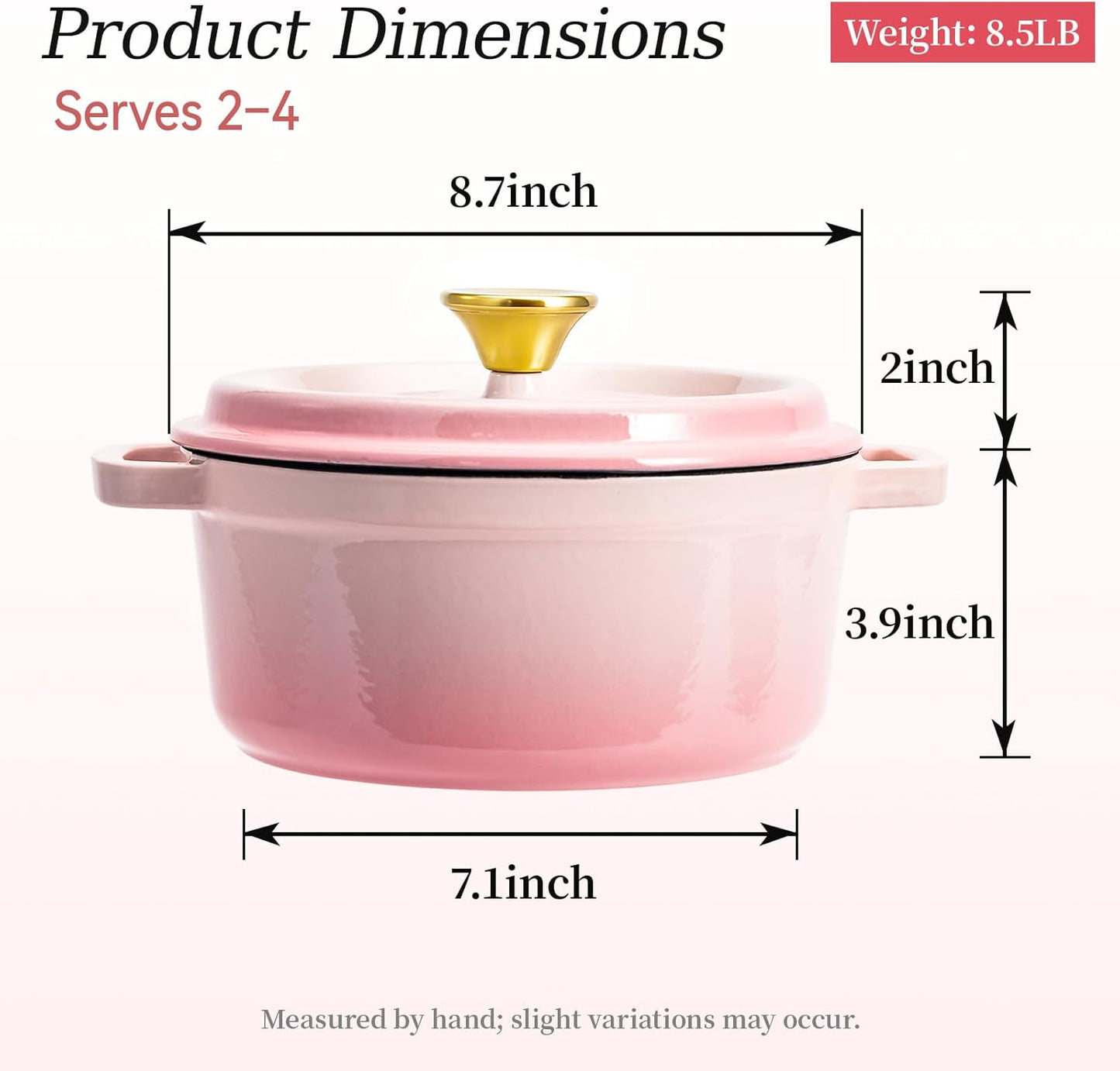 WANGYUANJI 3.3 Quart Enameled Cast Iron Dutch Oven with Lid, 8.7-Inch Heavy-Duty Casserole & Braiser Pan, Thick-Wall Construction, Silver Stainless Steel Knob, Gradient Pink, Safe for All Cooktops