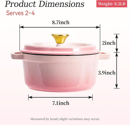 WANGYUANJI 3.3 Quart Enameled Cast Iron Dutch Oven with Lid, 8.7-Inch Heavy-Duty Casserole & Braiser Pan, Thick-Wall Construction, Silver Stainless Steel Knob, Gradient Pink, Safe for All Cooktops