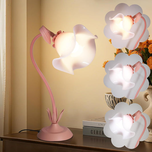 Pink Flower Table Lamp for Bedroom, 3 Colors Flower Reading Light with E26 Bulb, Cute Desk Lamp Bedside Lamps for Nightstands Home Decor, Adjustable Flexible DIY Floral Lamps for Living Room Office