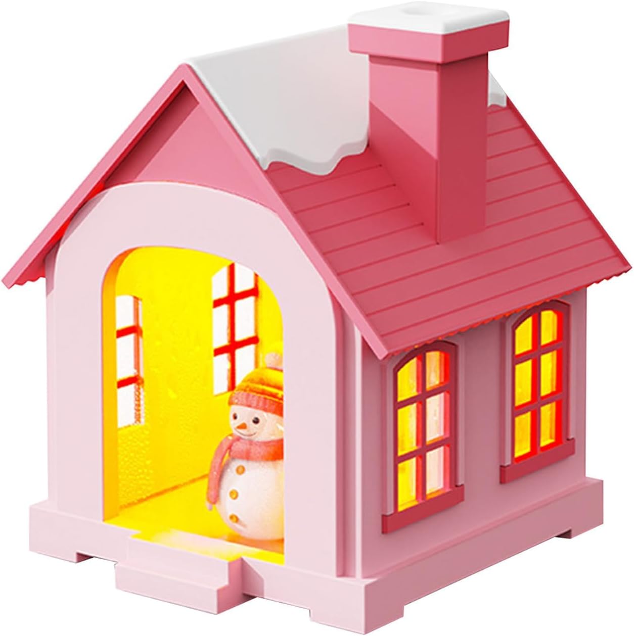 Christmas Village Houses Humidifier 500ml, Cute Snow House Cool Mist Humidifier with Snowman Figurines & Night Light for Bedroom & Office Décor (Pink)