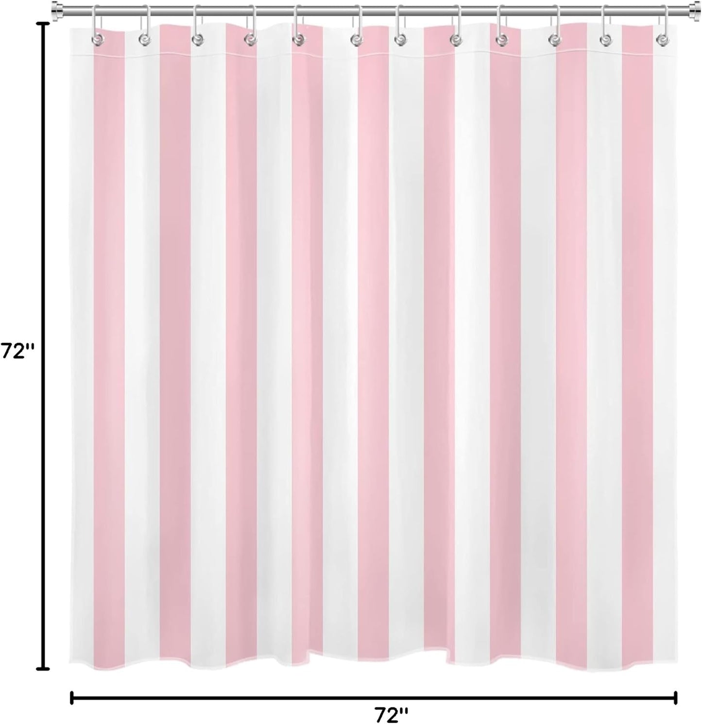 LB Pink and White Striped Fabric Shower Curtain for Bathroom with 12 Hooks, Vertical Stripe Geometric Shower Curtains for Bathroom, Modern Farmhouse Chic Style Bathroom Shower Curtains, 72x72 Inch