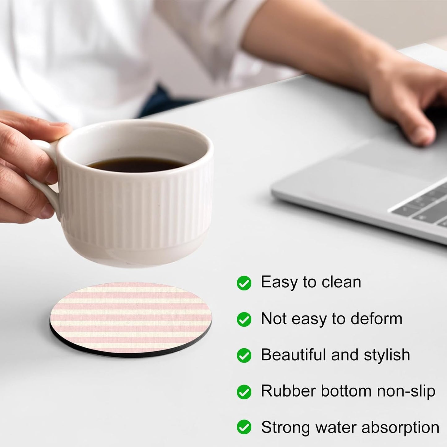 Pink Striped Coasters Set of 2, Absorbent Coasters for Drinks, Retro Minimalism Classic Stripes Lines Coaster for Bar Office Dining Coffee Table Accessories Decor, Non Slip Round Desk Coaster