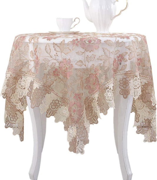 Lace Polyester Round Tablecloth Embroidery Round Table Cloths for Party Wedding Kitchen Dining Home Decorations, Round - 60", Pink