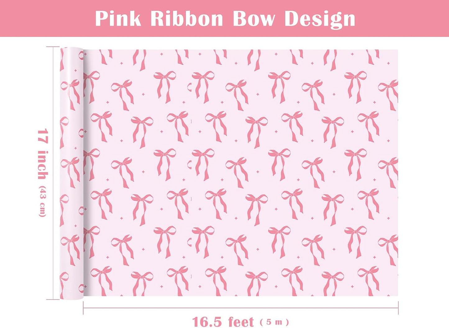 WRAPAHOLIC Pink Bow Wrapping Paper Roll - Mini Roll - 17 Inch x 16.5 Feet - Pink Ribbon Bow Design Perfect for Valentine's Day, Girls Birthday, Bachelorette Party, Baby Shower