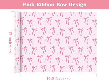 WRAPAHOLIC Pink Bow Wrapping Paper Roll - Mini Roll - 17 Inch x 16.5 Feet - Pink Ribbon Bow Design Perfect for Valentine's Day, Girls Birthday, Bachelorette Party, Baby Shower