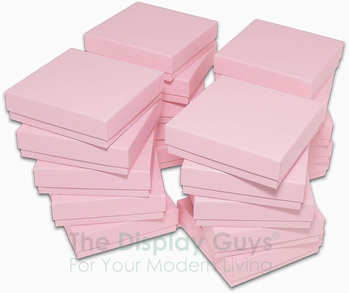 TheDisplayGuys - 25-Pack #33 Cotton Filled Cardboard Paper Jewelry Boxes Gift Case - Pastel Pink (3.5" x 3.5" x 1.0") - for Shipping or Storage