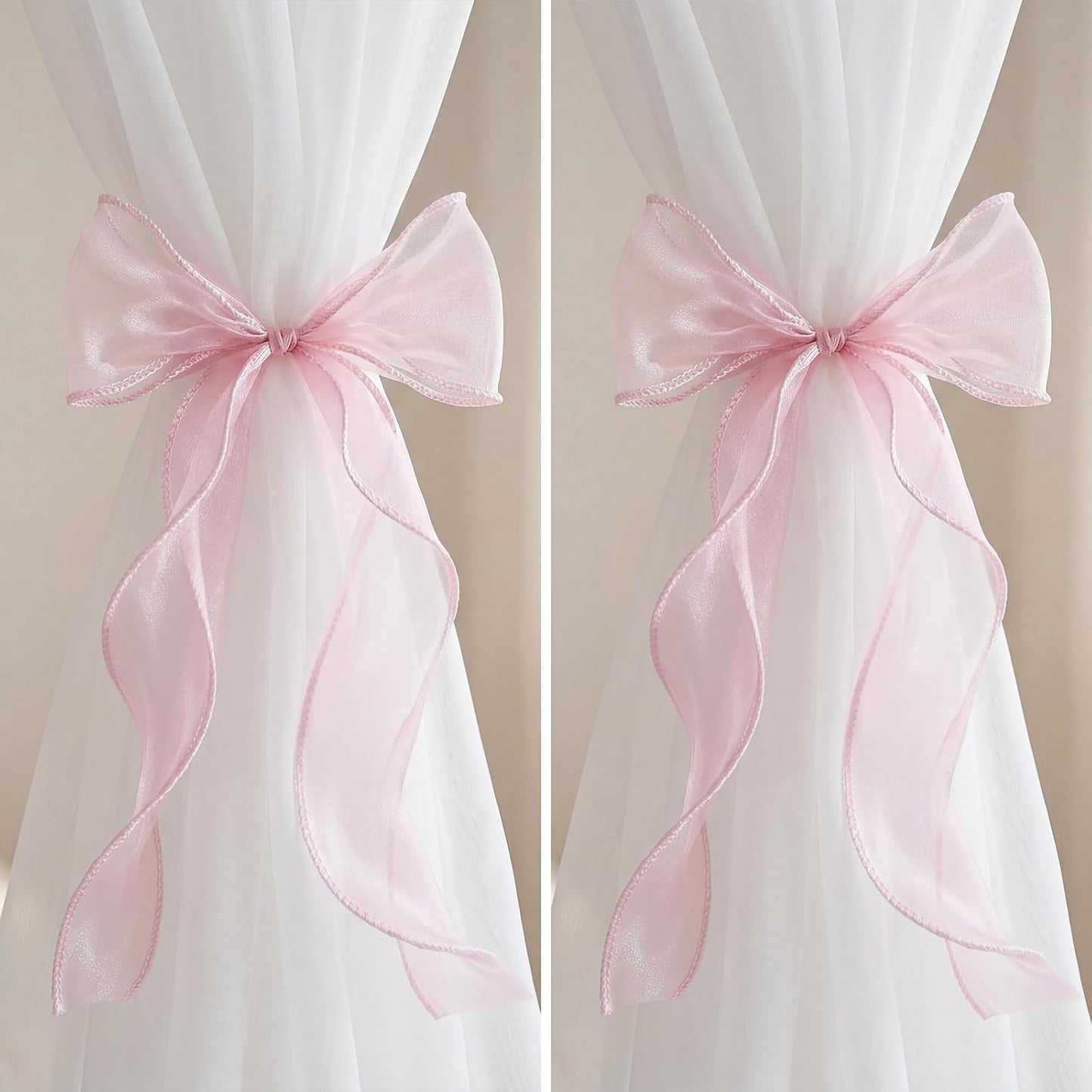Panelee 16 Pack Pink Silky Bow Curtain Tiebacks, 13 Inch Large French Soft Lace Ribbon Tiebacks, Elegant Bow Holdbacks Rope for Home Drapery Gift Wrapping Wedding Birthday Party Fireplace Decor(Pink)