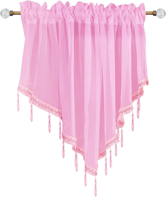Yitexin Beaded Sheer Windows Valance 51.1 in W x 23.6 in L, Scalloped Kitchen Curtain, Bathroom Swag Sheer with Rod Pocket, Short Valance Drape for Bedroom Living Room (Light Pink)