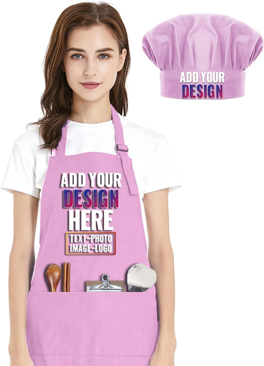 TopTie Custom Cotton Canvas Adjustable Apron and Chef Hat Set, Durable Chef Uniform with 2 Pockets