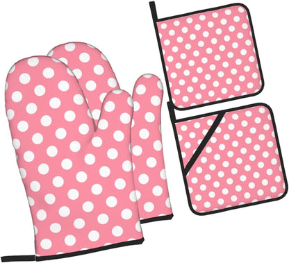 4 Pcs Oven Mitts and Pot Holders Sets - Light Pink Polka Dot Print (a) Hot Pads for Kitchen, Waterproof Non-Slip Oven Gloves Heat Resistant for Baking Grilling Cooking with Hanging Rope