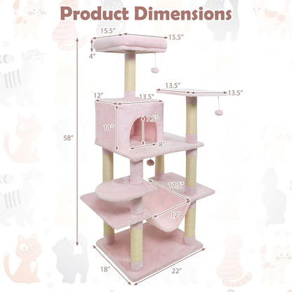 Tangkula 58 Inch Pink Cat Tree, Multi-Level Cat Tower with Sisal Scratching Posts, Padded Top Perch, Condo & Hammock, 3 Hanging Balls, Jumping Platforms for Indoor Cats (Pink)