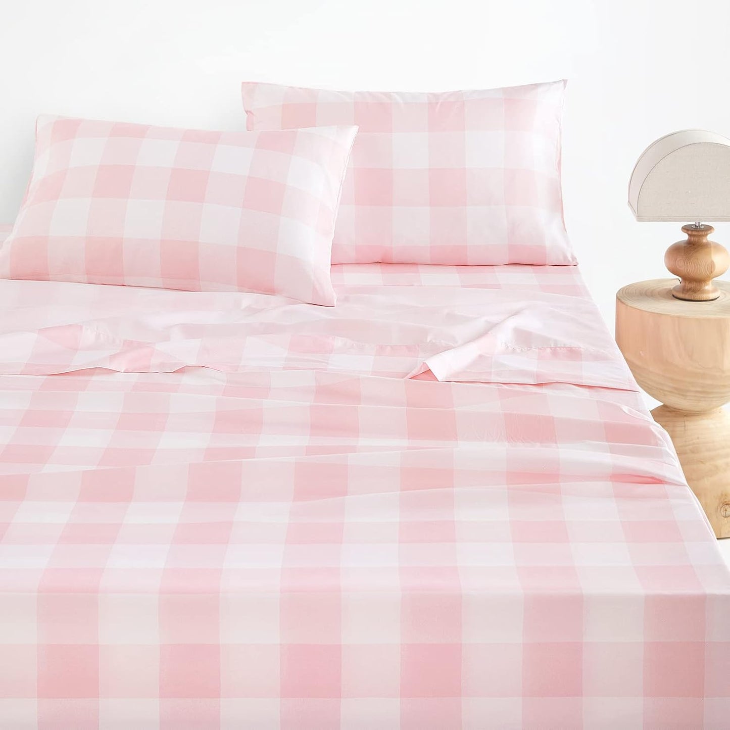 Wake In Cloud - Gingham Bed Sheets, 4-Piece Sheet Set, Cute Plaid Buffalo Check Checker Geometric Aesthetic Bedding, Deep Pocket, Pink, Full Size